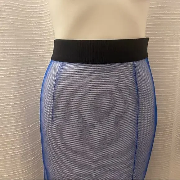 Milly Blue Midi Pencil Skirt sz 10 Milly Midi Skirt Net Overlay Skirt - Picture 9 of 14